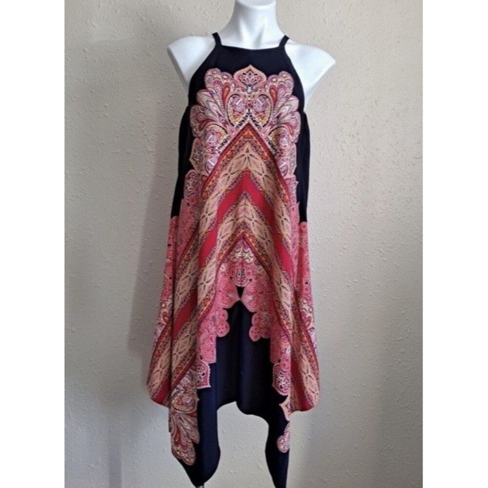 MAGGY LONDON Navy And Coral Floral Asymmetrical handkerchief Gypsy Dress Size 12